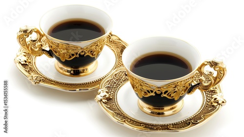  Luxury decorative coffee cups elegantly isolated on a pristine white background, showcasing intricate patterns and premium finishes. Perfect for high-end kitchen styling, home decor, or gourmet bever