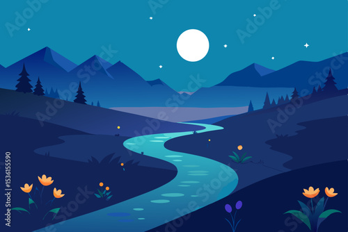 moonlit meadow with glowing flowers and a gently 