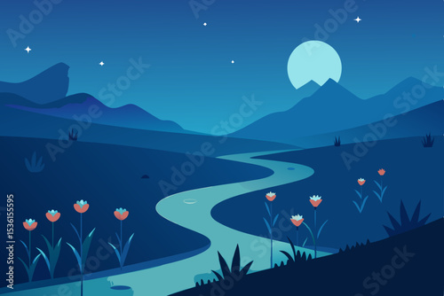 moonlit meadow with glowing flowers and a gently