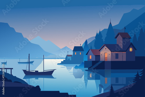 morning fog over a sleepy fishing village with 