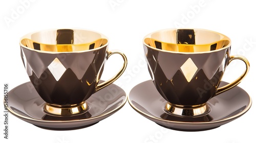  Luxury decorative coffee cups elegantly isolated on a pristine white background, showcasing intricate patterns and premium finishes. Perfect for high-end kitchen styling, home decor, or gourmet bever