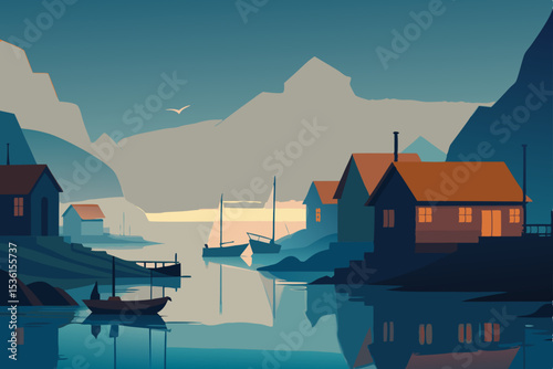 morning fog over a sleepy fishing village with doc