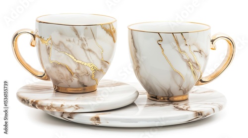 Luxury decorative coffee cups elegantly isolated on a pristine white background, showcasing intricate patterns and premium finishes. Perfect for high-end kitchen styling, home decor, or gourmet bever