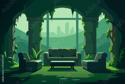 mossy forest ruin living room reclaimed by nature  