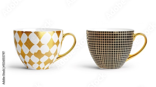  Luxury decorative coffee cups elegantly isolated on a pristine white background, showcasing intricate patterns and premium finishes. Perfect for high-end kitchen styling, home decor, or gourmet bever