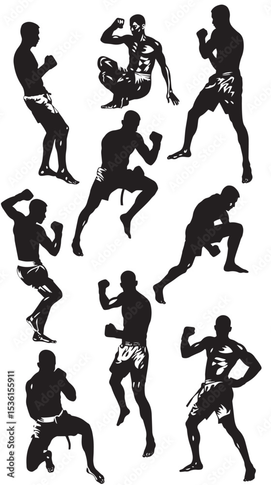 Fototapeta premium Silhouette Muay Thai Pose Vector Collection , black silhouettes isolated on white background
