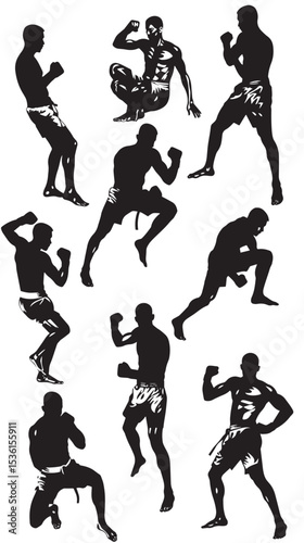 Silhouette Muay Thai Pose Vector Collection , black silhouettes isolated on white background