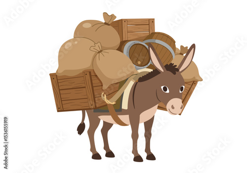 A cartoon donkey laden with crates sacks and barrels stands against a white background