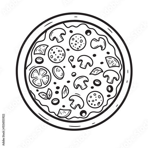 A delicious hand drawn silhouette pizza topped with mushrooms pepperoni tomato slices olives and basil leaves