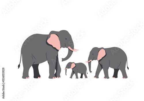 A cartoon family of three elephants walks sidebyside