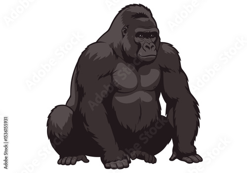 A cartoon gorilla sits looking forward with a serious expression