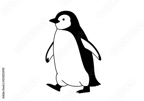 A cartoon penguin walks black and white