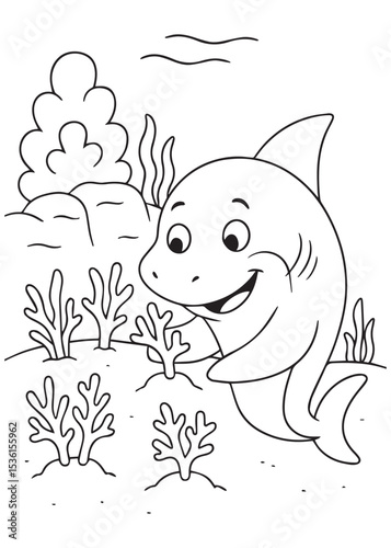 Coloring book shark with a happy smile is swimming among coral and rocks at the bottom of the ocean