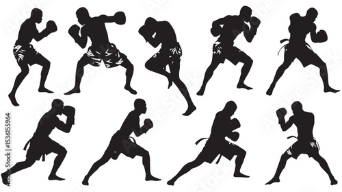 Silhouette Muay Thai Pose Vector Collection , black silhouettes isolated on white background