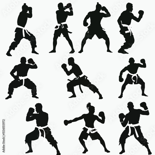 Silhouette Muay Thai Pose Vector Collection , black silhouettes isolated on white background