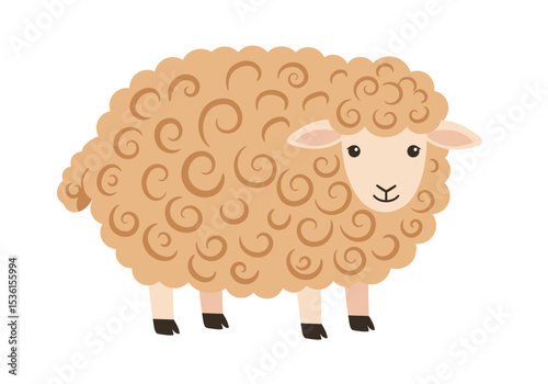 A cartoon sheep with curly wool stands on its four legs
