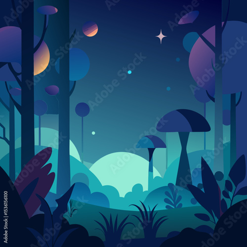 mystical forest at night with bioluminescent plant.svg
