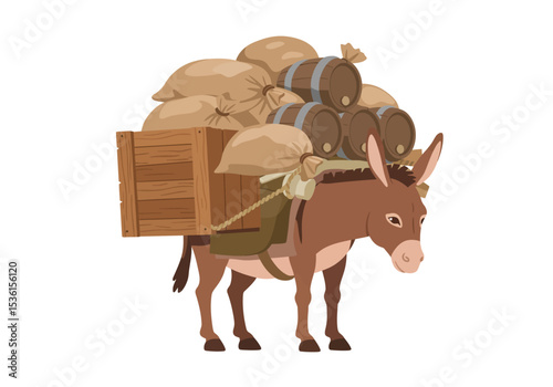 A donkey overloaded with barrels sacks  a crate