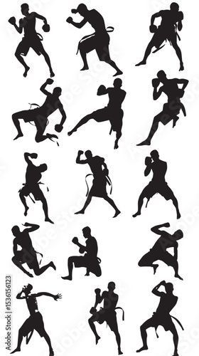 Silhouette Muay Thai Pose Vector Collection , black silhouettes isolated on white background