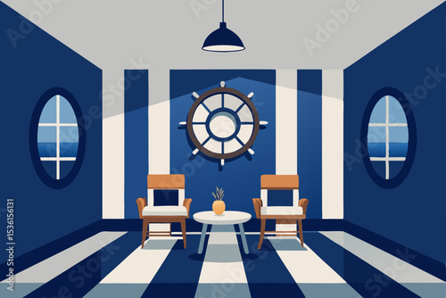 nautical themed living room with navy stripes  