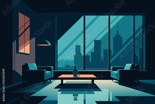 neo noir city living room with moody lighting  