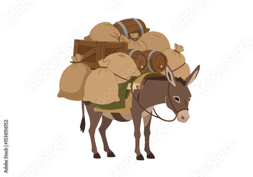 A donkey carries goods on its back