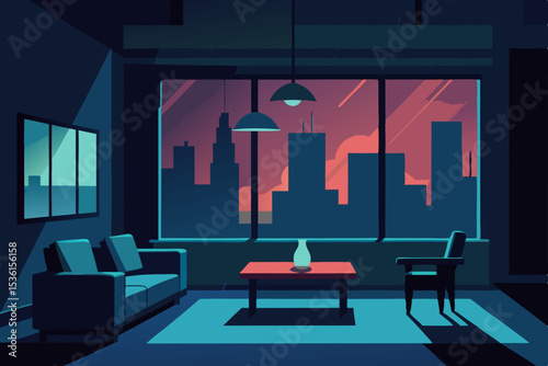 neo noir city living room with moody lighting  
