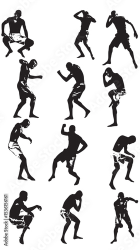 Silhouette Muay Thai Pose Vector Collection , black silhouettes isolated on white background