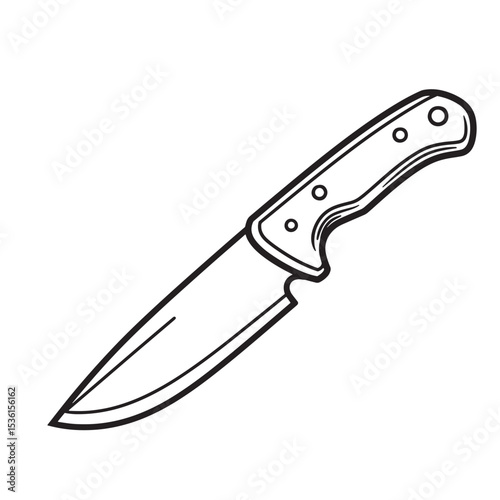 A detailed black and white silhouette vector illustration depicts a classic hunting knife with a sharp blade and secure handle design