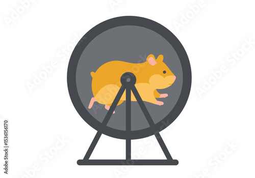 A golden hamster is depicted running inside a grey hamster wheel which has a grey base and grey spokes