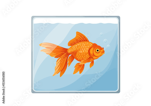A goldfish swims in a glass tank filled with water and bubbles