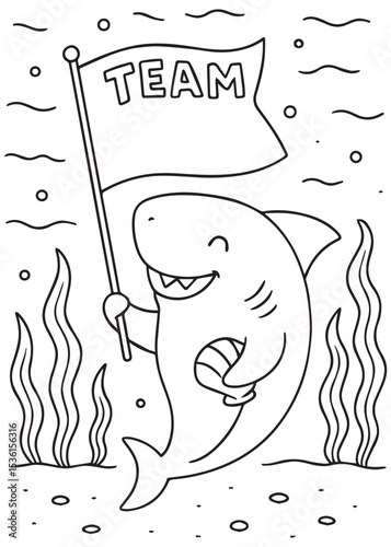 Coloring book shark with a joyful expression, holds a flag that says "TEAM" and carries a ball under its fin, swimming underwater 