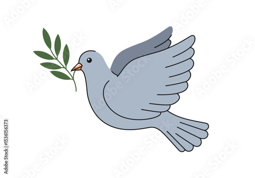 A grey dove flies with a green leafy branch in its beak outlined with black lines