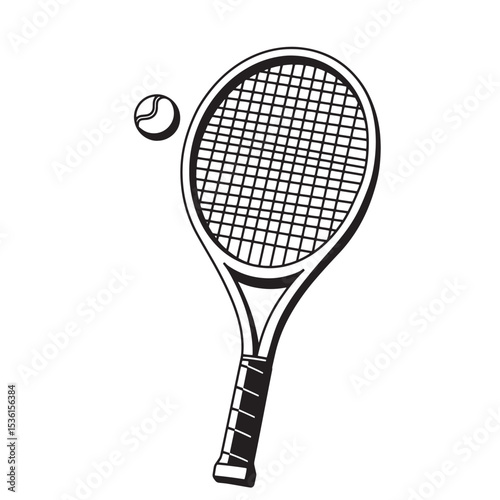A detailed monochrome silhouette illustration featuring a tennis racket positioned beside a tennis ball ready for sporting events or leisure activities.