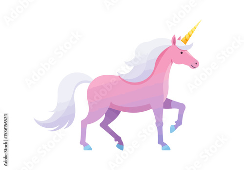 A pink and purple unicorn with a yellow horn white mane and tail set on a white background