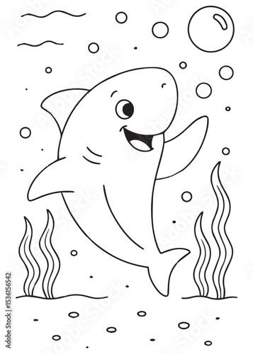 Coloring book shark with a wide smile and one fin raised, swims happily underwater surrounded by bubbles