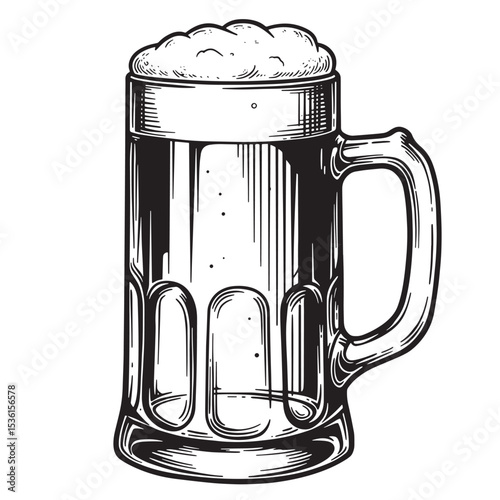 A detailed vintage style beer mug overflowing with foamy beer a classic silhouette suitable for pub and brewery themed designs
