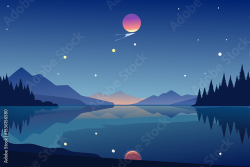 nighttime lake with reflections of stars and glowi 