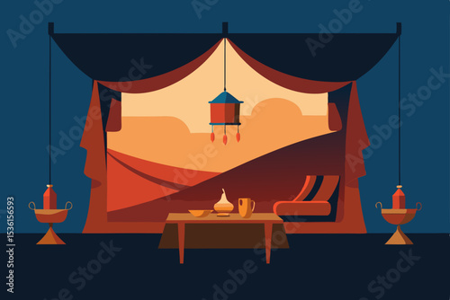 nomadic caravan living room with layered fabrics  .svg