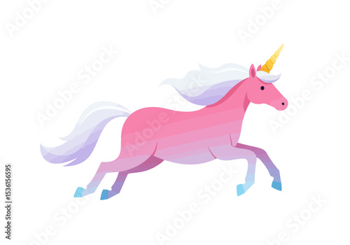 A pink unicorn with a yellow horn white mane and tail running