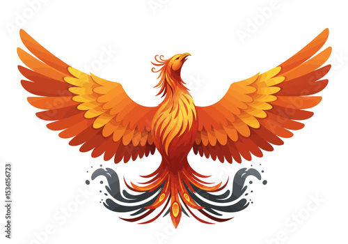 A stylized phoenix soars its fiery orange wings spread wide against a clean white backdrop