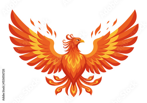 A stylized phoenix with outstretched wings and firecolored feathers