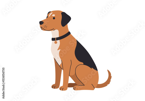 A tan dog with a black collar sits showcasing its black back patch and alert posture