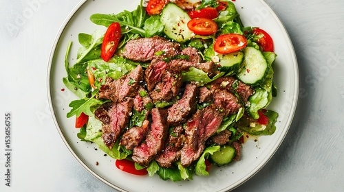 A fresh salad topped with grilled steak slices, cherry tomatoes, and cucumber on a white plate.