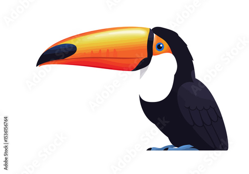 A toucan bird with a large orange and yellow beak black feathers and blue eye standing on two blue feet