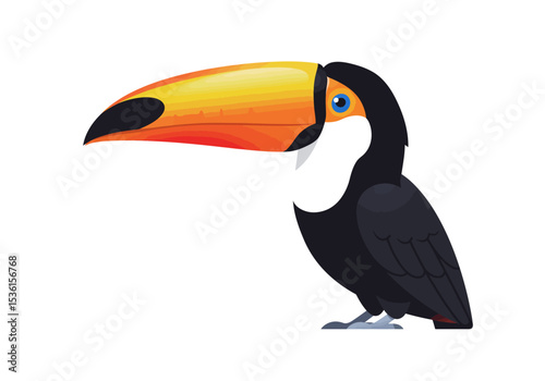 A toucan with a large orange and yellow beak standing on its feet