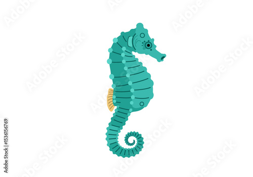 A teal seahorse is upright with a curled tail yellow fin and patterned head against a white background