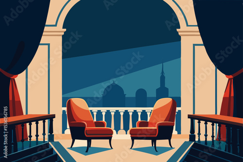 opera house balcony living room with velvet chaise 