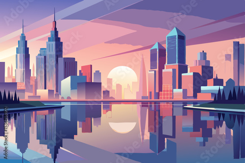 pastel city skyline reflected in a still river 