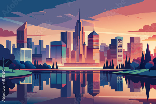 pastel city skyline reflected in a still river 